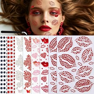 Face Gems Self-Adhesive Hair Jewels Rhinestones Stickers, Red Lip Butterfly Hearts Kiss Hair Gems Stick on for Women Makeup E