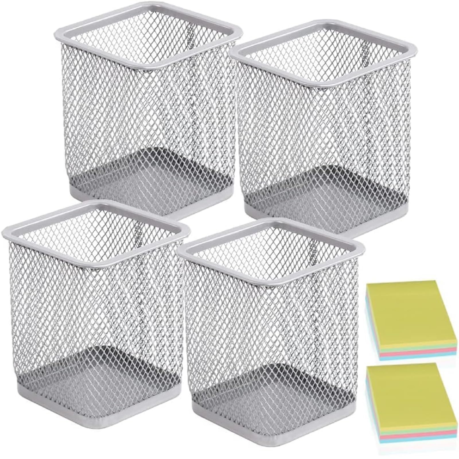 DARUITE Pen Holder, 4PCS Square Metal Mesh Pen Pots for Desk, Multifunctional Pencil Pot, Desk Tidy Organiser for Office Home School, Silver