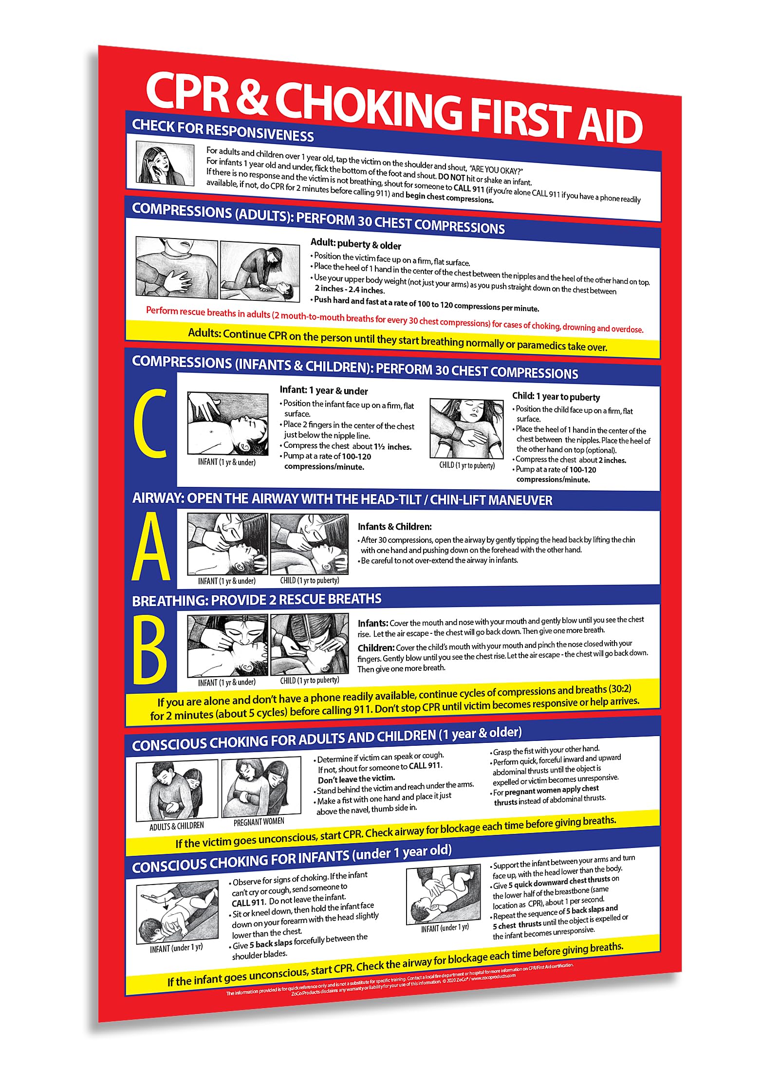CPR and Choking Poster - Laminated, 12 x 18 Inches - Heimlich Maneuver and First Aid Safety Sign for Restaurants, School Nurse, Workplace