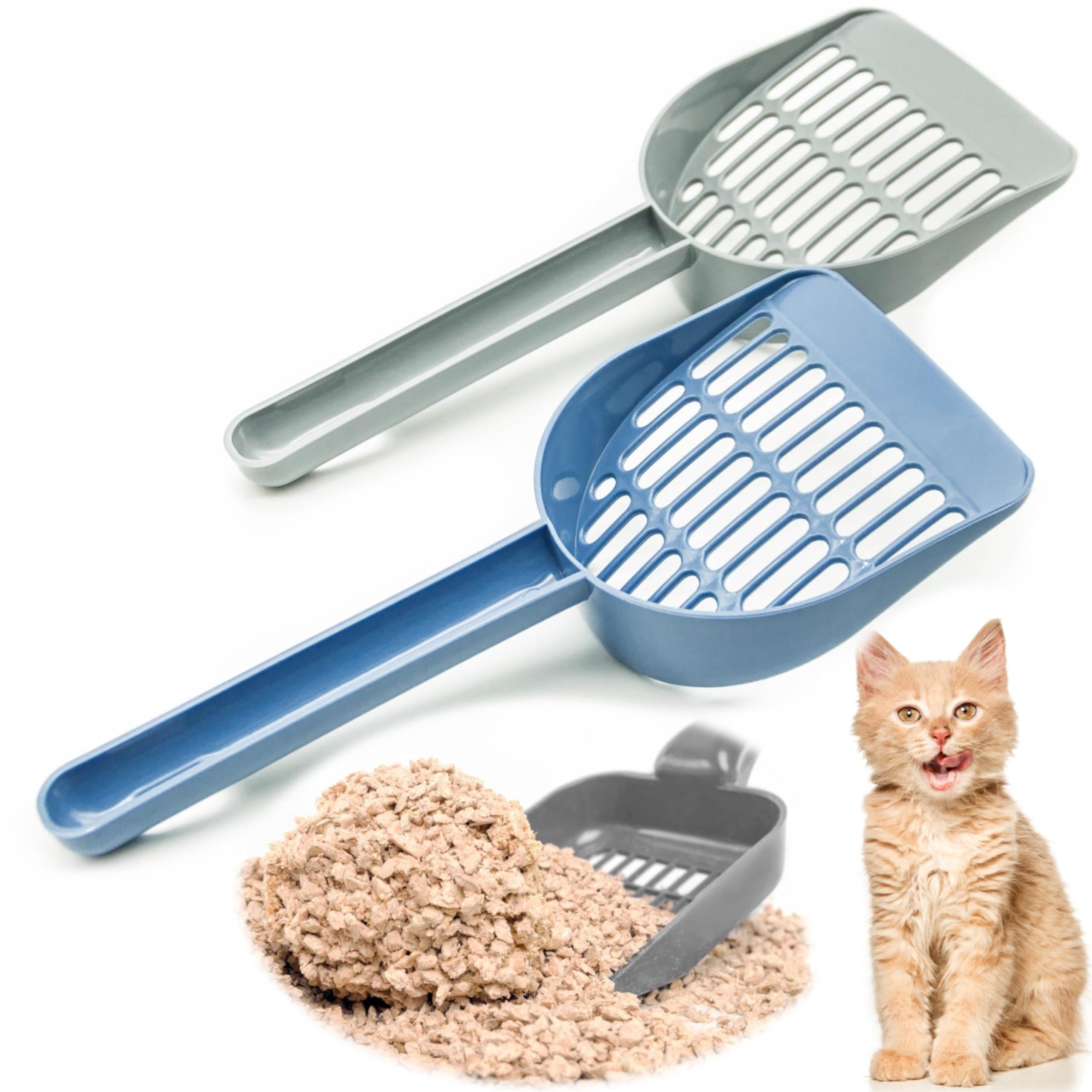 Petopedia Set of 2 – Strong Cat Litter Scoop – Plastic Shovel for Cats Litters, Poop Scoop – Handy Sand Sifter, Sieve Cleaning Tool – Used with Trays and Litter Box for Cats & Kittens (BLUE and GREY)
