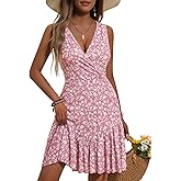FENSACE Women's Summer Sleeveless Sexy Wrap V Neck Floral Sundress Mini Dress