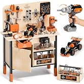 Lehoo Castle Kids Tool Bench, Wooden Workbench with Realistic Toy Drill | STEM Pretend Play Construction Tool Set with DIY Race Car, Tool Box &amp; Storage, FSC-Certified Wood Gift for Boys Girls 3-9