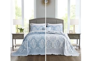 HZ & HY Oversized King Bedspread 138x122 Extra Wide, Jacquard Matelasse Damask Pattern Design, Lightweight, Reversible, 5 Piece, 100% Microfiber, California/Alaskan King, Wathet Blue