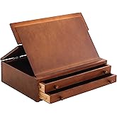 U.S. Art Supply Walnut Color 2-Drawer Wooden Storage Box with Fold-Up Adjustable Top Drawing Easel - Hand-Sanded Beechwood, M