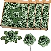 Luinabio 100 Pieces Artificial Foam Rose Flowers Faux Bouquet with Leaves and Stems for DIY Wedding Bouquets Centerpieces Bridal Shower Party Valentine Home Decorations(Elf Green)