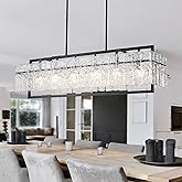 IKK Modern Rectangle Black Crystal Chandeliers for Dining Room, 42" Large Rectangular Water Ripple Glass Island Light Fixture