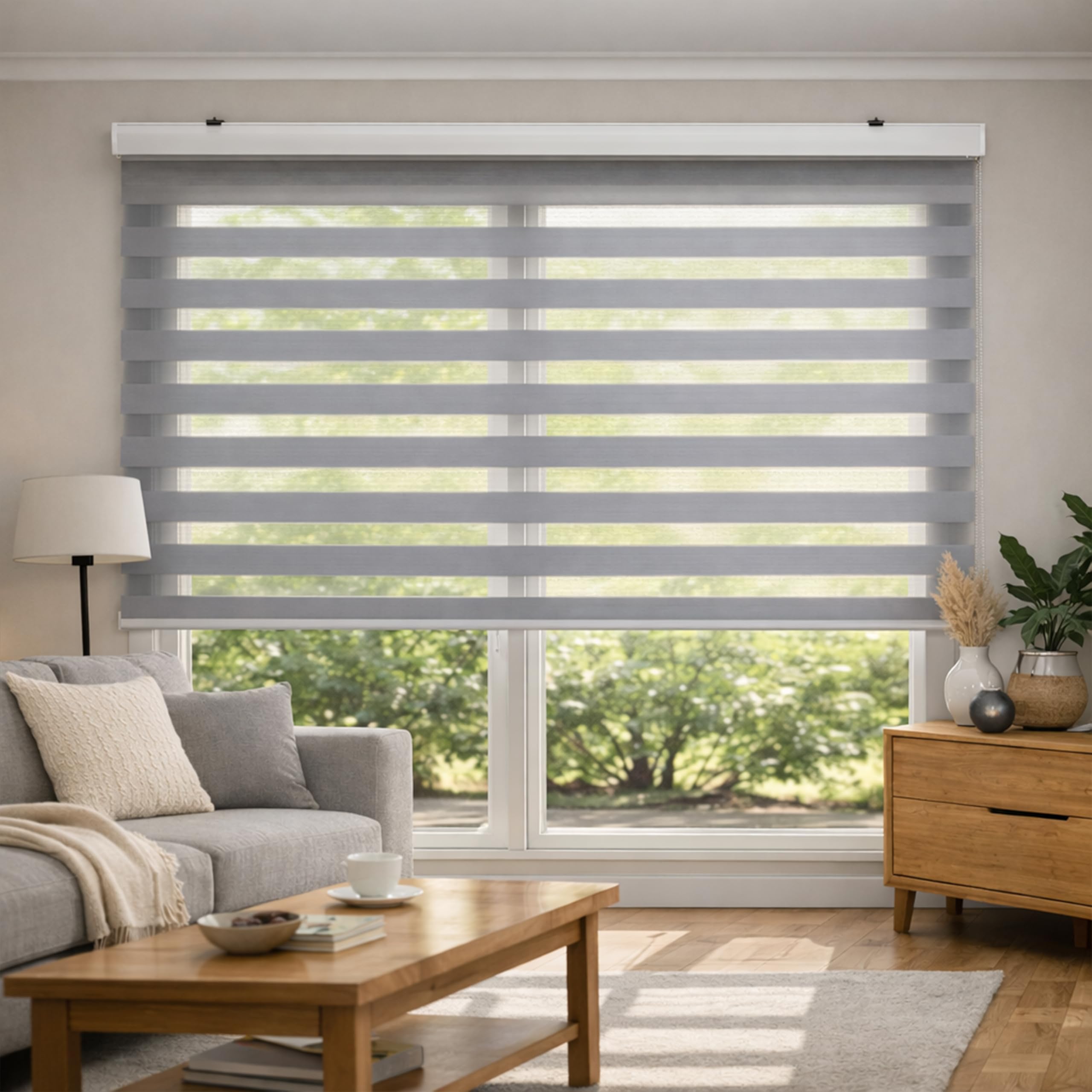 Blindecor - Lira Luxury Double layered roller blind, Night and Day, Silver grey, 100x180cm (width x length)