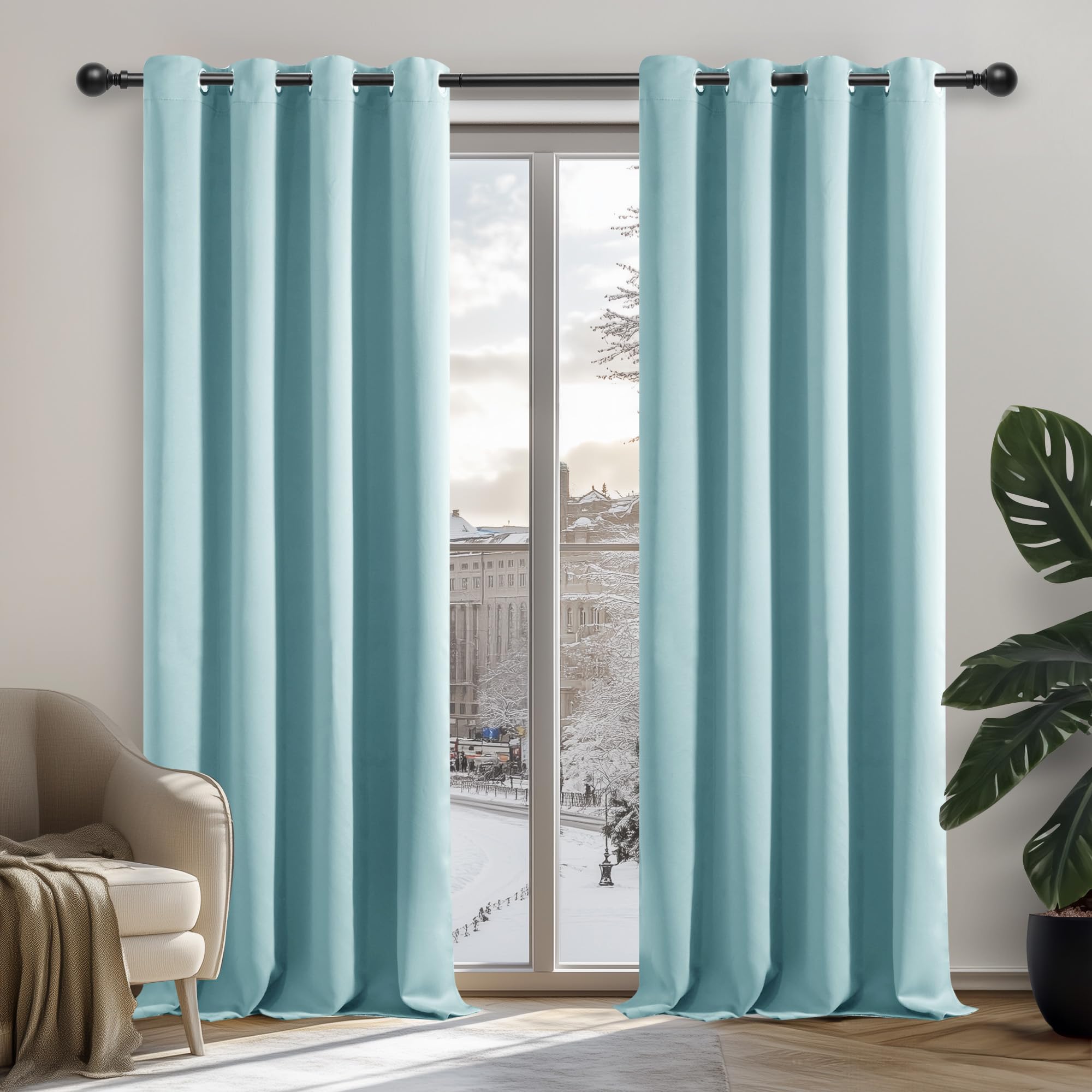 Deconovo Window Treatment Ring Top Blackout Curtains Thermal Insulated Room Darkening Curtains for Girls Room Sky Blue 52"x 84" 1 PAIR