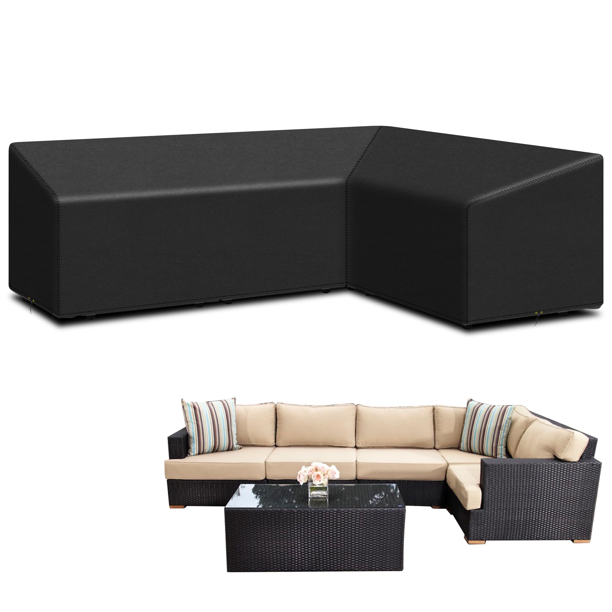 Funshot L Shaped Garden Furniture Covers Waterproof,420D Oxford Fabric Outdoor Rattan Corner Sofa Covers Windproof, Anti-UV, L-Shape Garden Sofa Cover (286*222*82cm) - Left Side Long