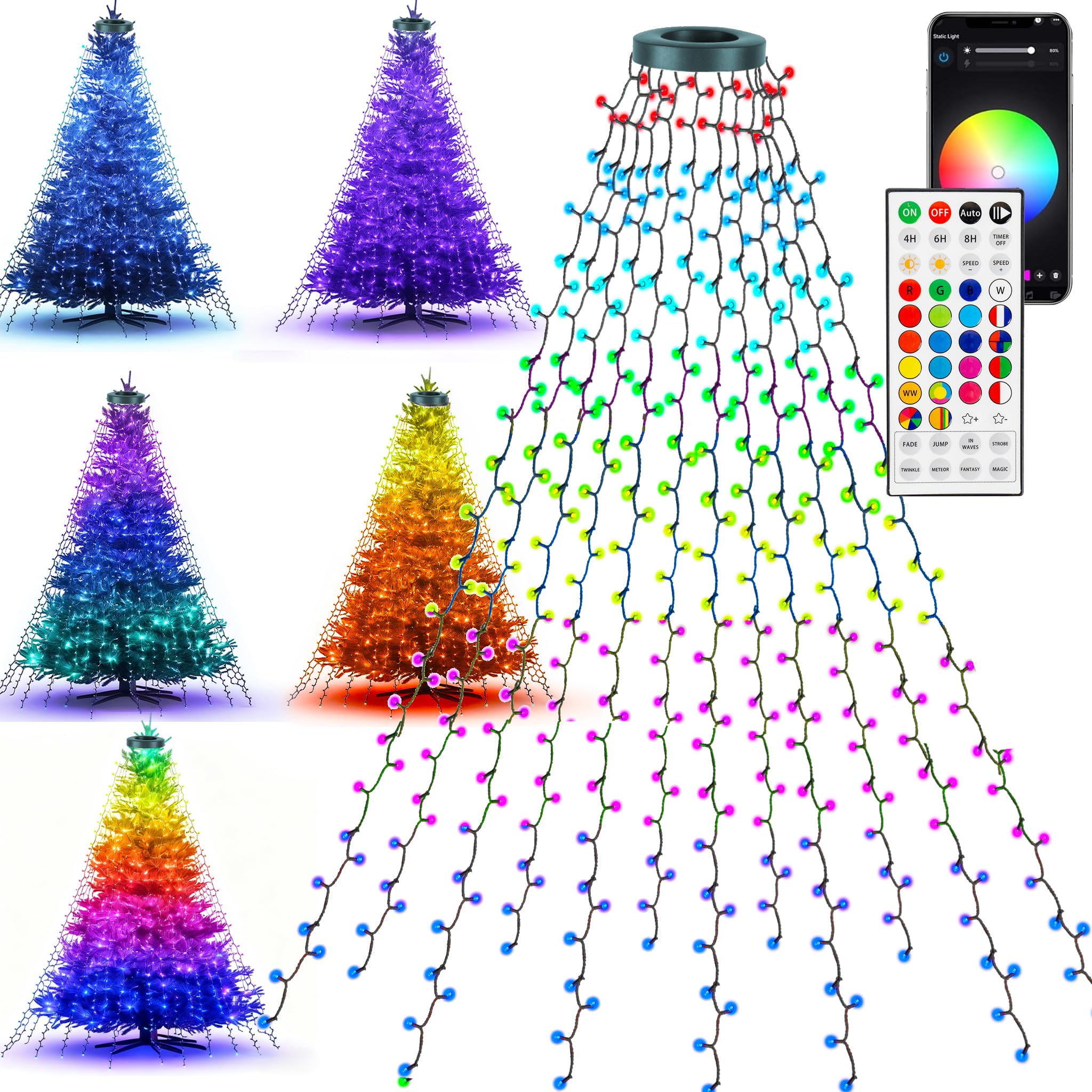Dazzle Bright Smart Christmas Tree Lights, 448 LED Color Changing Waterfall Tree Topper Lights with Remote & APP, 8.2FT X 16 Lines RGB Christmas Light for Indoor Outdoor Party Xmas Decoration Image