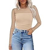 XIEERDUO Women's Sexy Sheer Long Sleeve Tops Crew Neck Mesh Ruched Going Out Shirts Blouse Date Night Outfits