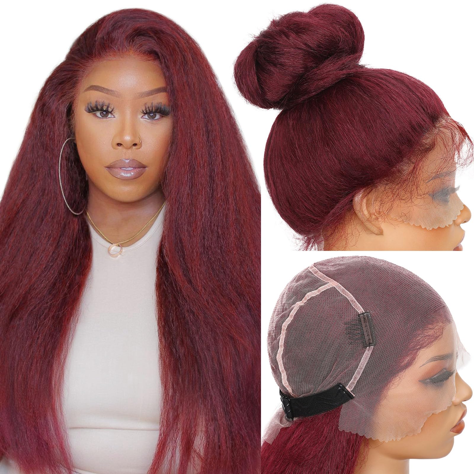 Photo 1 of WIGNEE Full Lace Kinky Straight Wig 30 Inch Synthetic Yaki Straight Wig 180% Density Pre-Plucked Kinky Wig with Baby Hair Yaki Wigs For Black Women Daily Use(Red)