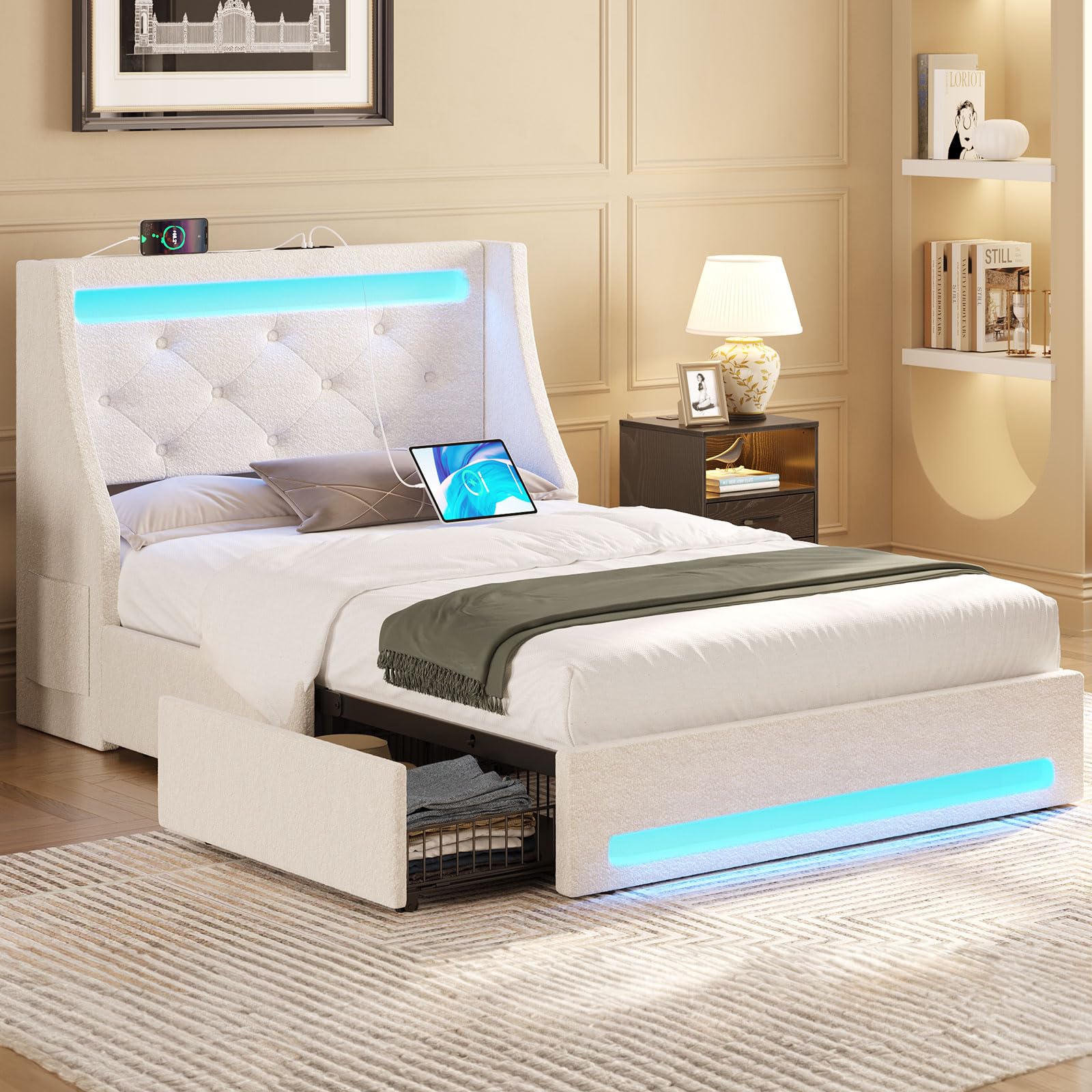 Rolanstar Twin Bed Frame with LED Lights and Charging Station, Upholstered Bed with Drawers, Wooden Slats, Noise Free, Easy Assembly, Beige Image