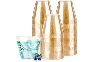 Goodluck 9 oz 100 PCS Gold Glitter Plastic Cups, Disposable Glitter Cups, Elegant Plastic Cocktail Glasses, Fancy Party Cups for Wedding, Birthday, Holiday