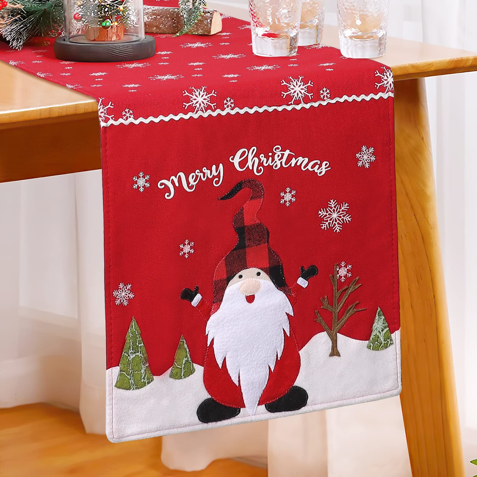 Dremisland Christmas Gnome Table Runner Xmas Snowflake Table Mat Decorative Table Linens Classic Thick Santa Table Flag for Home Tablecover Dresser Party Gathering Xmas Decor