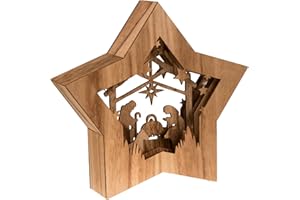 Clever Creations Wooden Star Shaped Nativity Scene Christmas Ornament, Festive LED Holiday Décor for Shelves and Tables, Brown