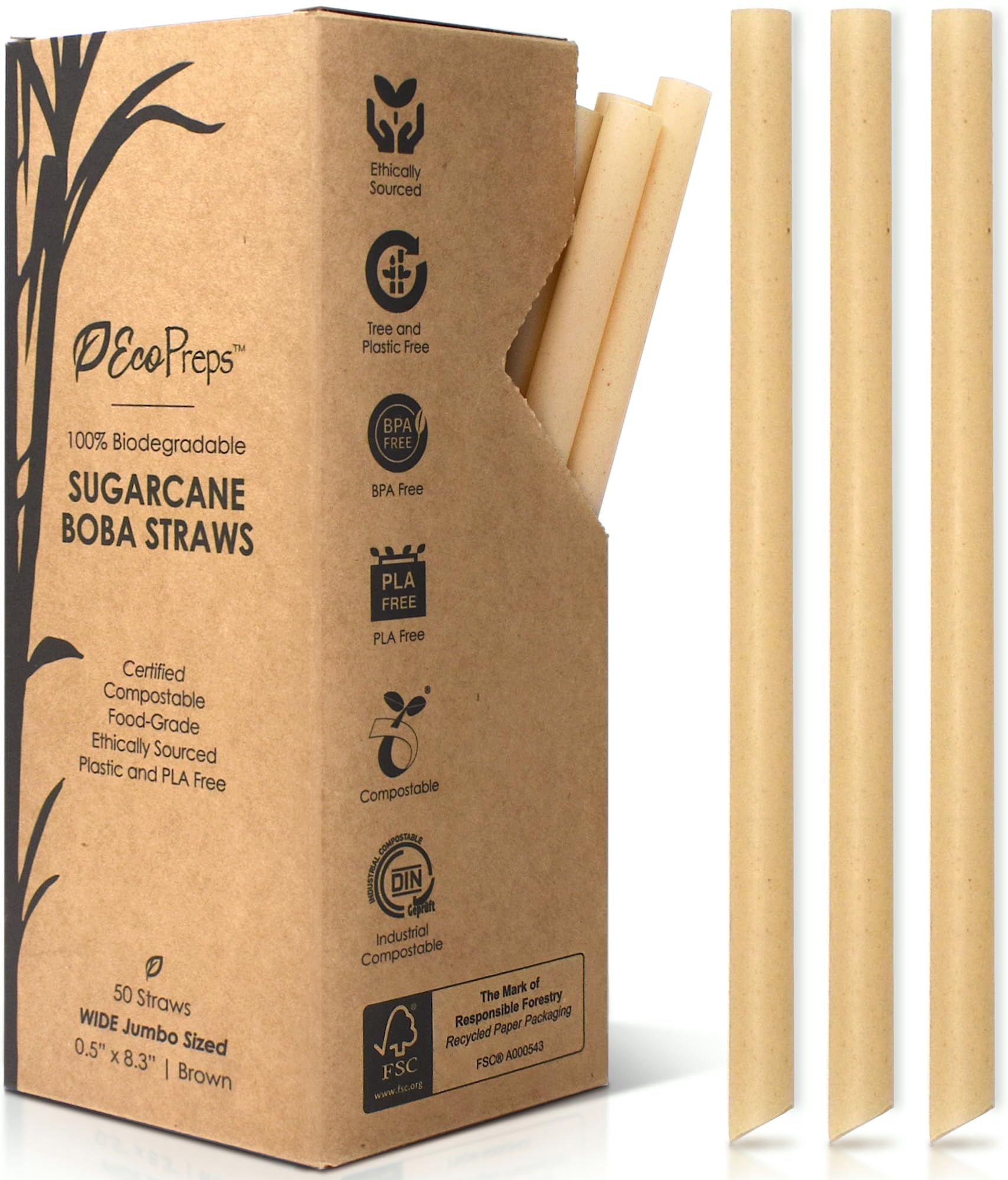 EcoPreps Biodegradable Jumbo Smoothie Straws, Sugarcane Boba Straws - 50 PCS, Extra Wide, 100% Compostable, Plastic-Free, Eco-Friendly Large Wide-Mouthed Straw - 8.3'' Long Sugarcane Disposable Straw