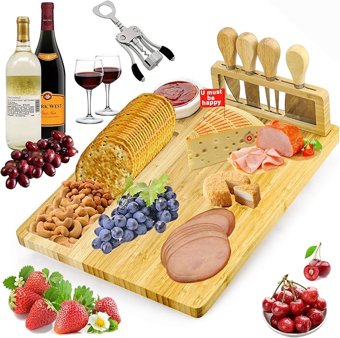 Complete Bamboo Cheese Board and Knife Set 7 PCS Charcuterie Board Set Include