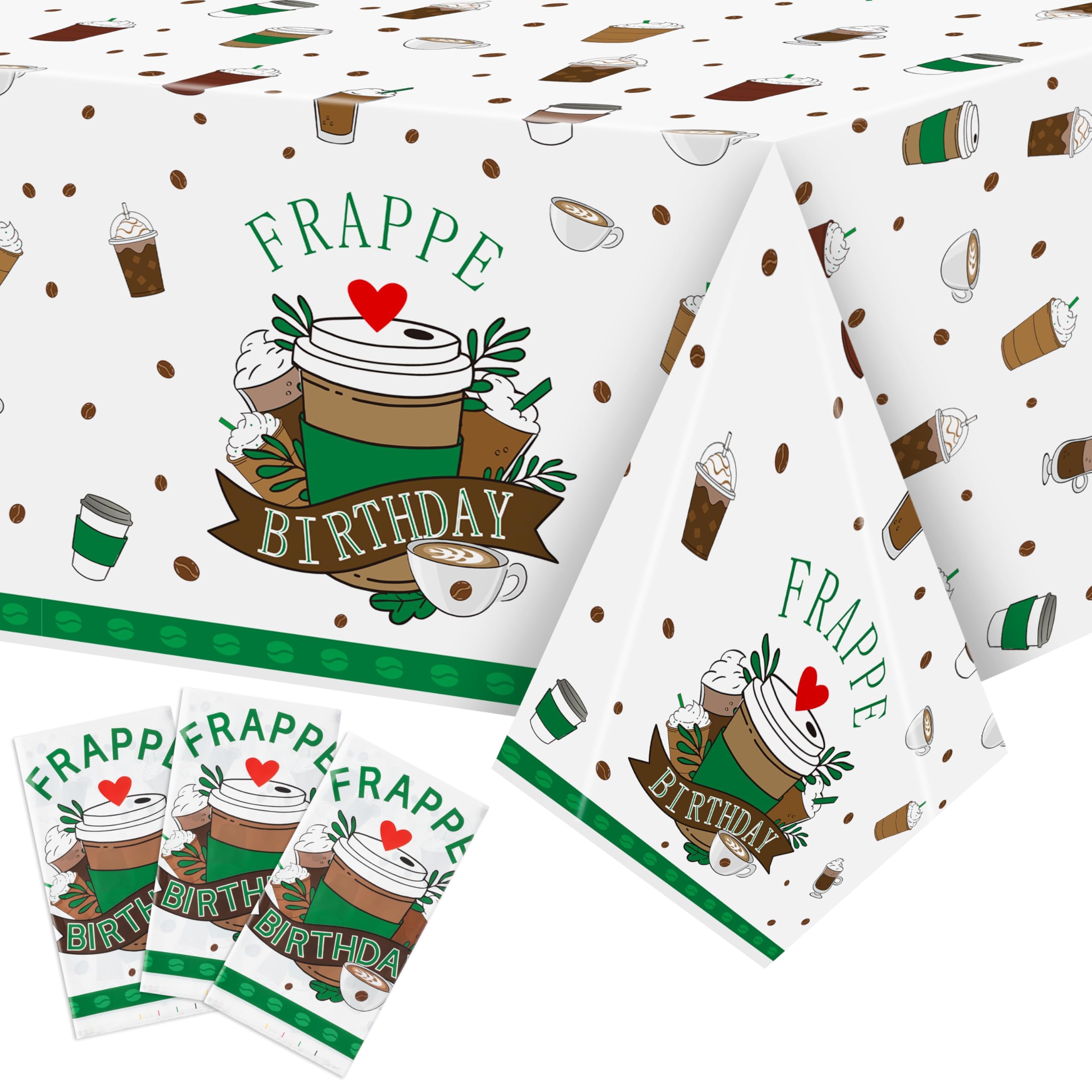 Photo 1 of ArianQicult Frappe Coffee Party Tablecloths - 3Pcs Frappe Birthday Table Covers, Coffee Themed Party Decorations Plastic Disposable Rectangular Table Cloth Decor for Birthday Afternoon Tea