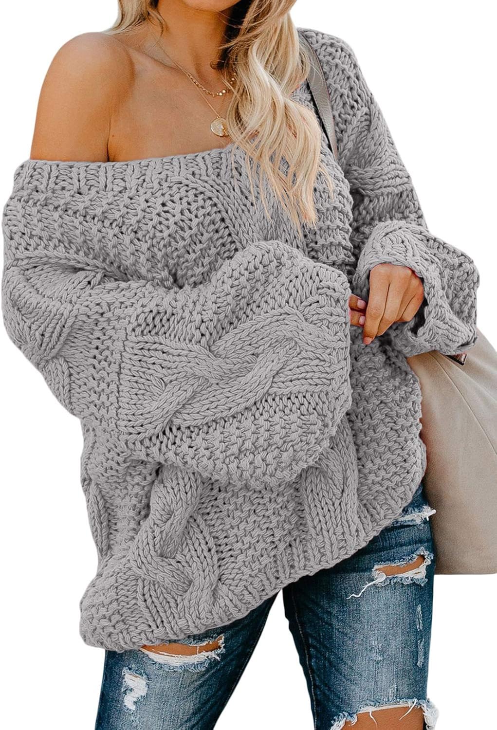 Women's Off Shoulder V Neck Cable Knit Sweater Casual Loose Long Sleeve