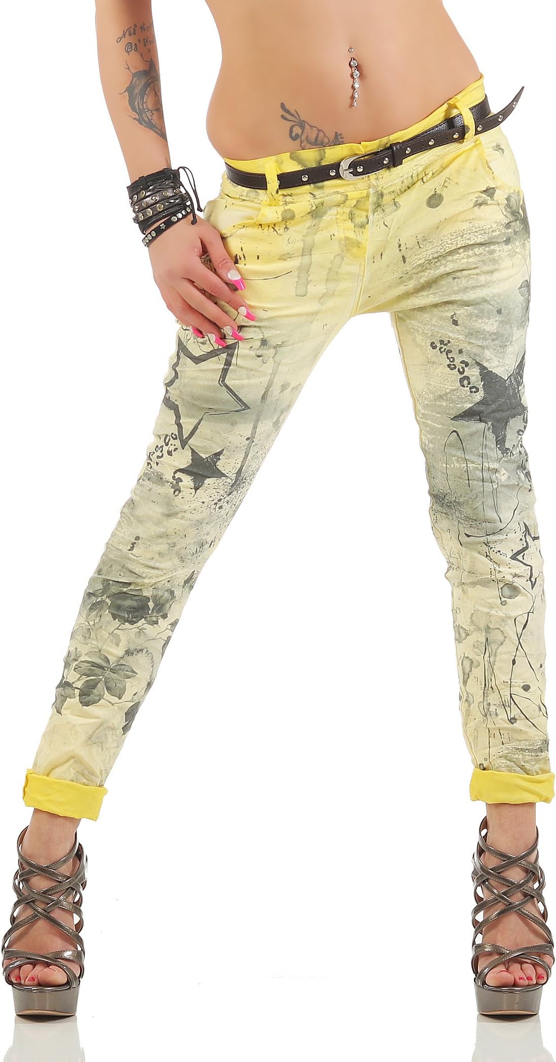 ZARMEXX Ladies Boyfriend Baggy Trousers with Belt Jeans trousers Cloth trousers Jeggings Chinos Stars -Print