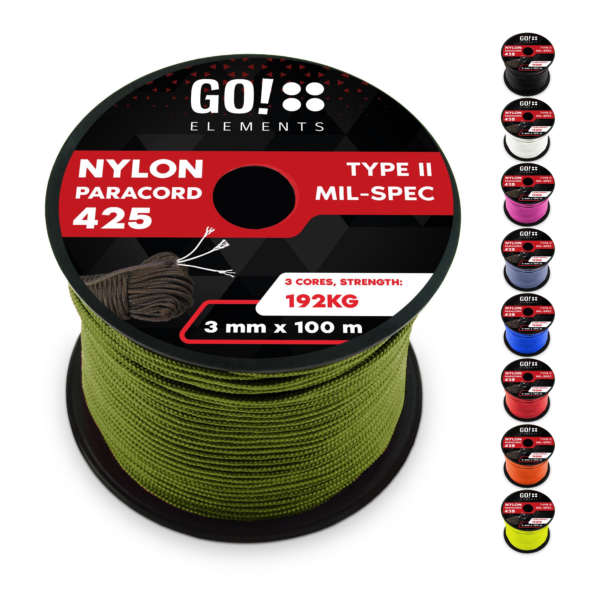 GO!elements 100m Paracord rope made of tearproof nylon - 3mm Paracord 425 type II lines as outdoor rope, all-purpose rope, survival rope, bracelet, dog leash - nylon line max. 192kg, Color:Olive