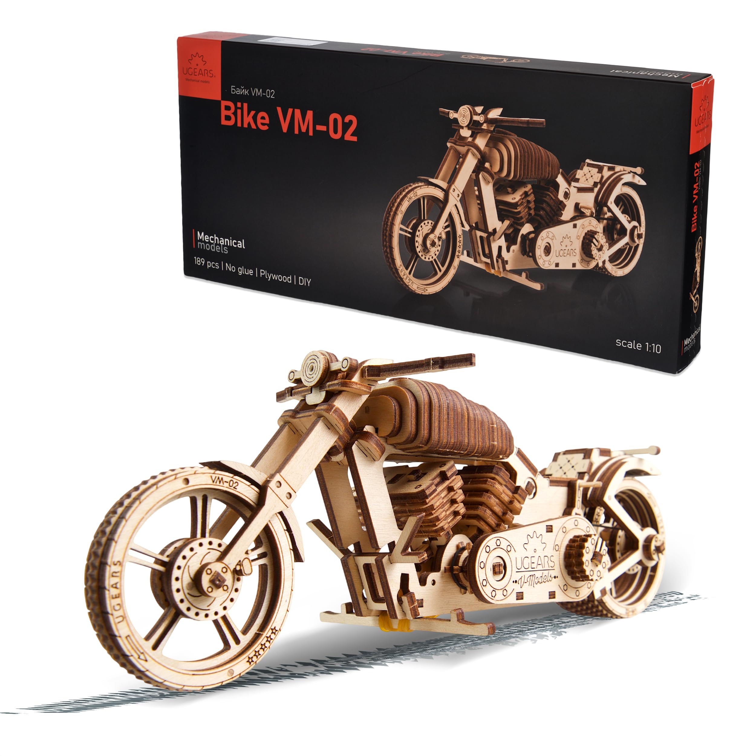 Ugears Bike VM-02 3D Puzzle - 3D Wooden Puzzles for Adults - Motorcycle with Rubber Band Motor - Mechanical Wooden Model Kits for Adults to Build - DIY Building Set Gift for Christmas