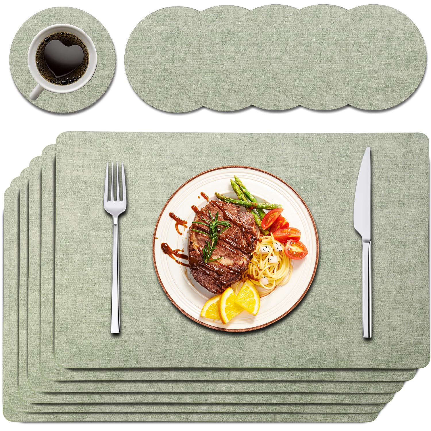 Purejoy Placemats and Coaster Sets 6, Christmas Table Mats PU Leather Heat-Resistant Washable and Non-Slip 43 * 30 cm Dinner Table Mats Set of 6 for Kitchen Mat Table Indoor (Light Green)