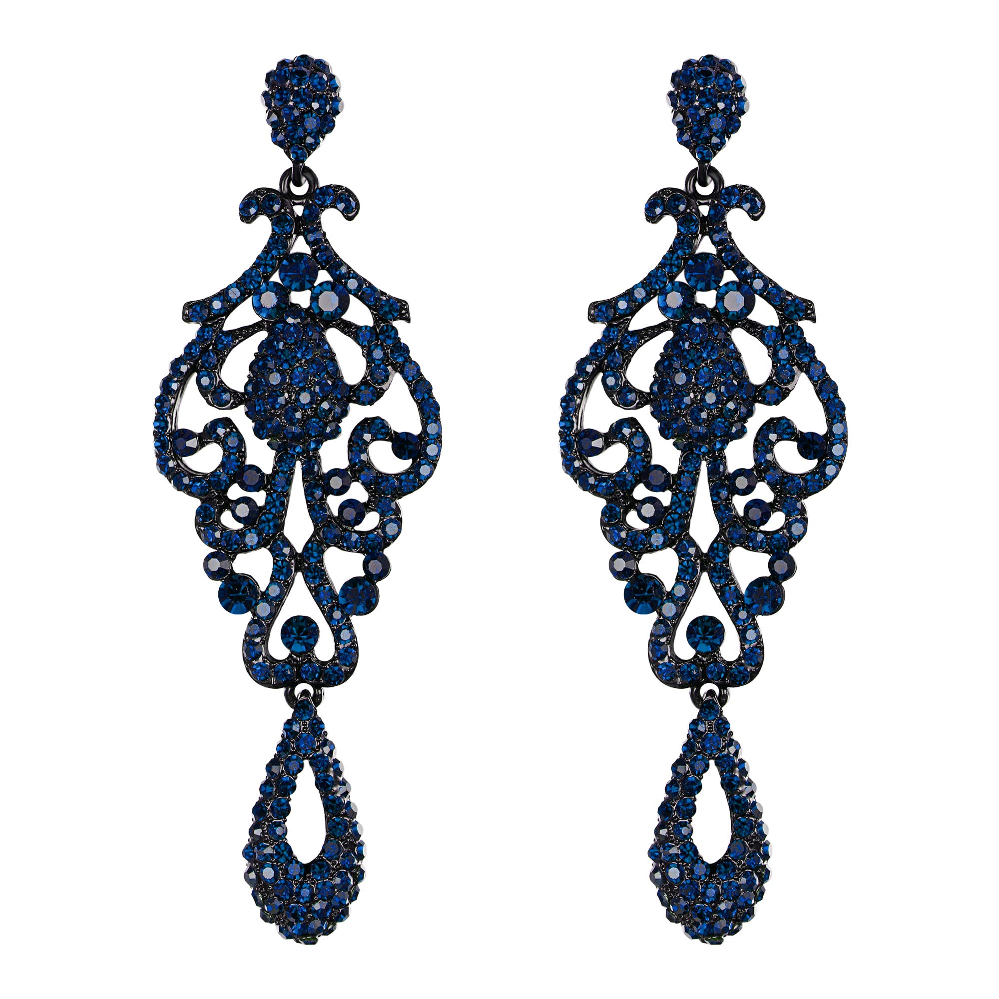 EVER FAITH Women's Crystal Wedding Vintage Flower Pattern Hollow Drop Chandelier Earrings Blue Black-Tone