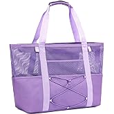 Fammart Mesh Beach Bag, Large Beach Tote with Zipper Pocket, Toys Pool Bag for Family Travel Vacation Cruise Essentials