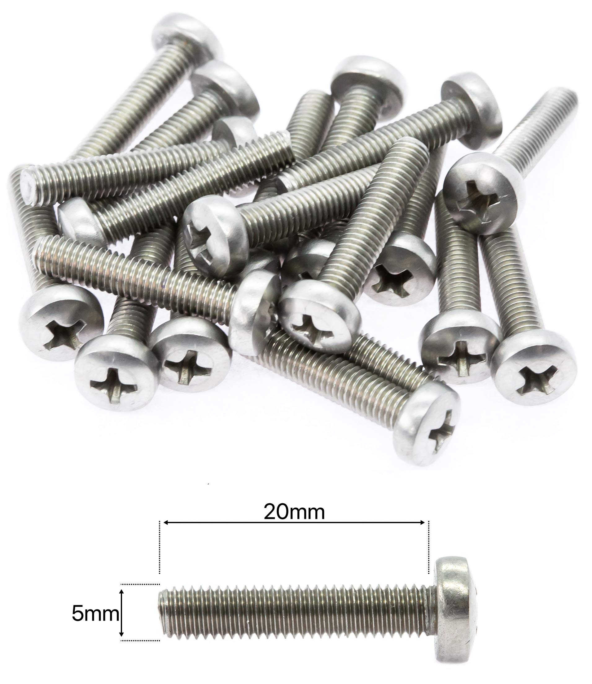 M5 (5mm x 20mm) Phillips Pan Head Machine Screws - Stainless Steel A2 (Pack of 20) DIN 7985 F11BC