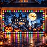 Halloween Garage Door Cover with Lights, 6 x 13 ft LED Outdoor Decoration | Haunted Castle Pumpkin Moon Design, Large Polyester Garage Banner, Waterproof Outdoor Backdrop for Wall Easy Hang Party Decor