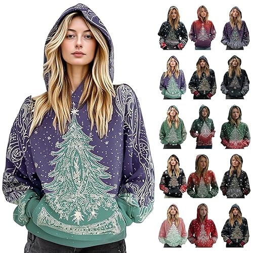 christmas sweaters for women 2025, Christmas Jumpers for Women, Winter Holiday Xmas Tree Snowflake Printed Pullover Tops Loose Long Sleeve Hoodies Women's Fashion Sweatshirts Outfits (Grey-1, L)