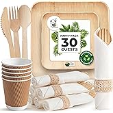 Palm Leaf Bamboo Plates & Pre-Rolled Bamboo Cutlery Party Set - 10 & 7'' Compostable Plates Elegant Pre-Rolled Utensils, Napkins , Cups for Weddings, Events, and Special Occasions For 30 Guests