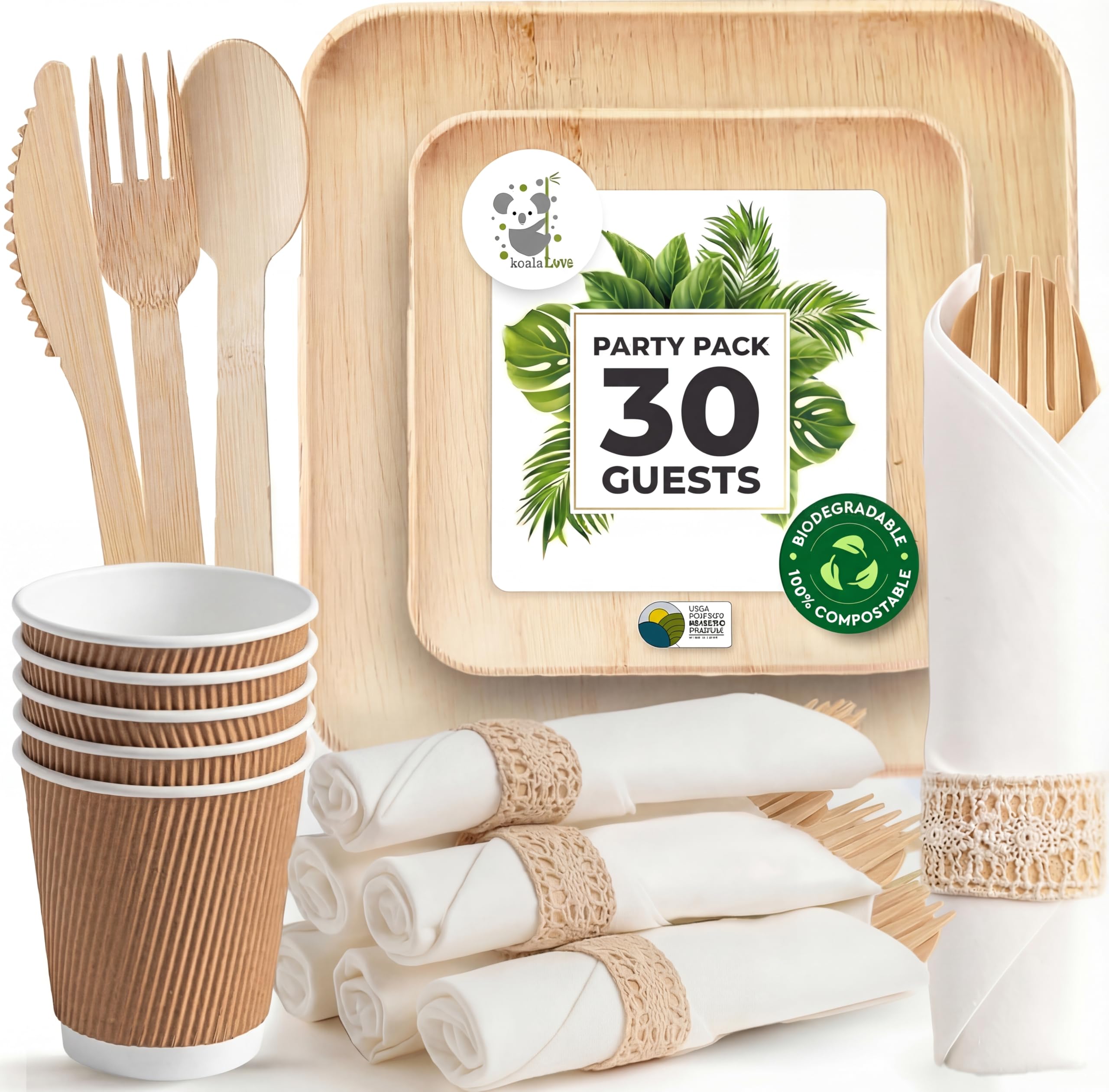Photo 1 of Palm Leaf Bamboo Plates & Pre-Rolled Bamboo Cutlery Party Set - 10 & 7'' Compostable Plates Elegant Pre-Rolled Utensils, Napkins , Cups for Weddings, Events, and Special Occasions For 30 Guests