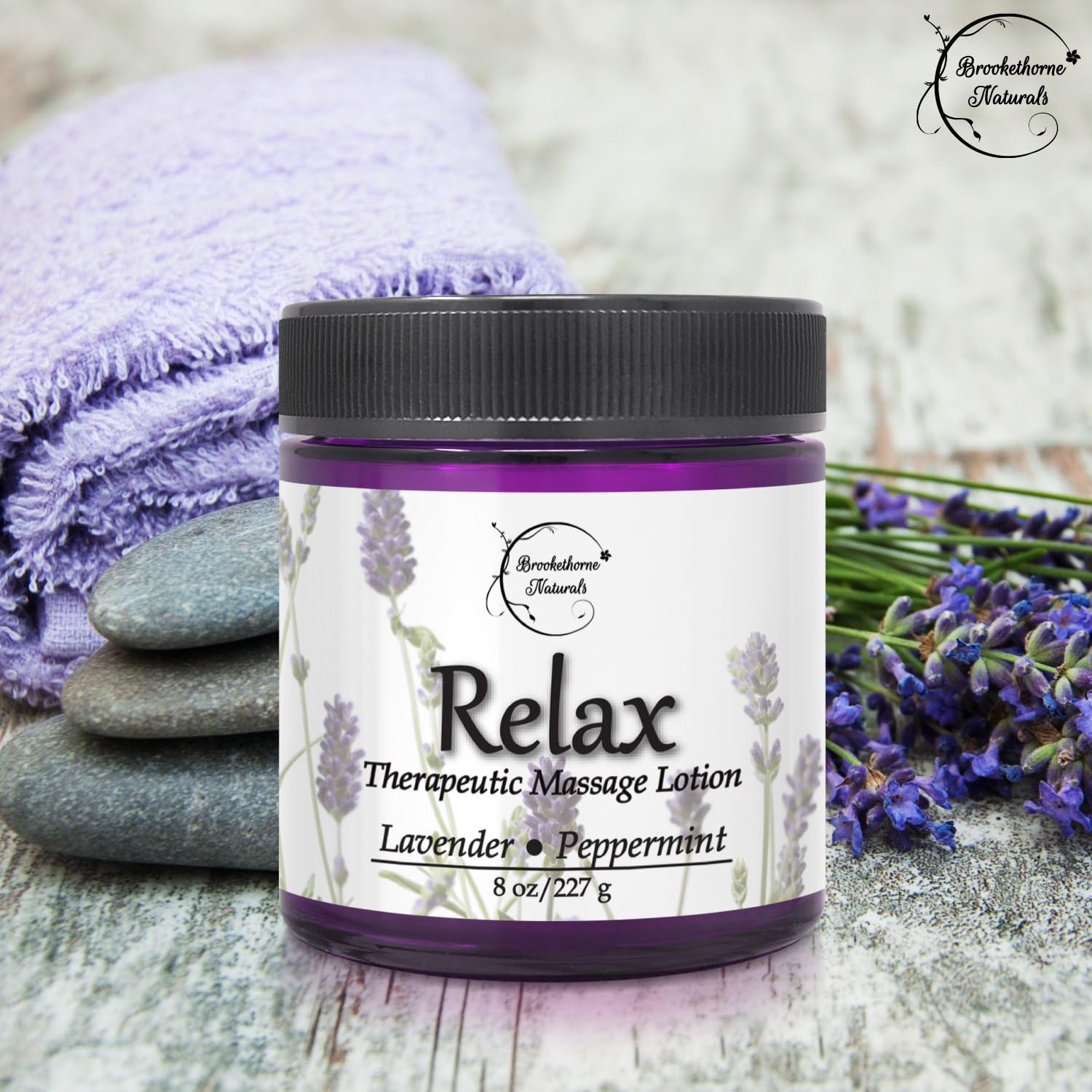 Relax Therapeutic Massage Lotion – All Natural Enriched with Lavender & Peppermint Essential Oils Perfect for Massage Therapy - Massage Cream for Full Body Massage - Brookethorne Naturals 8.5oz: Health & Personal Care