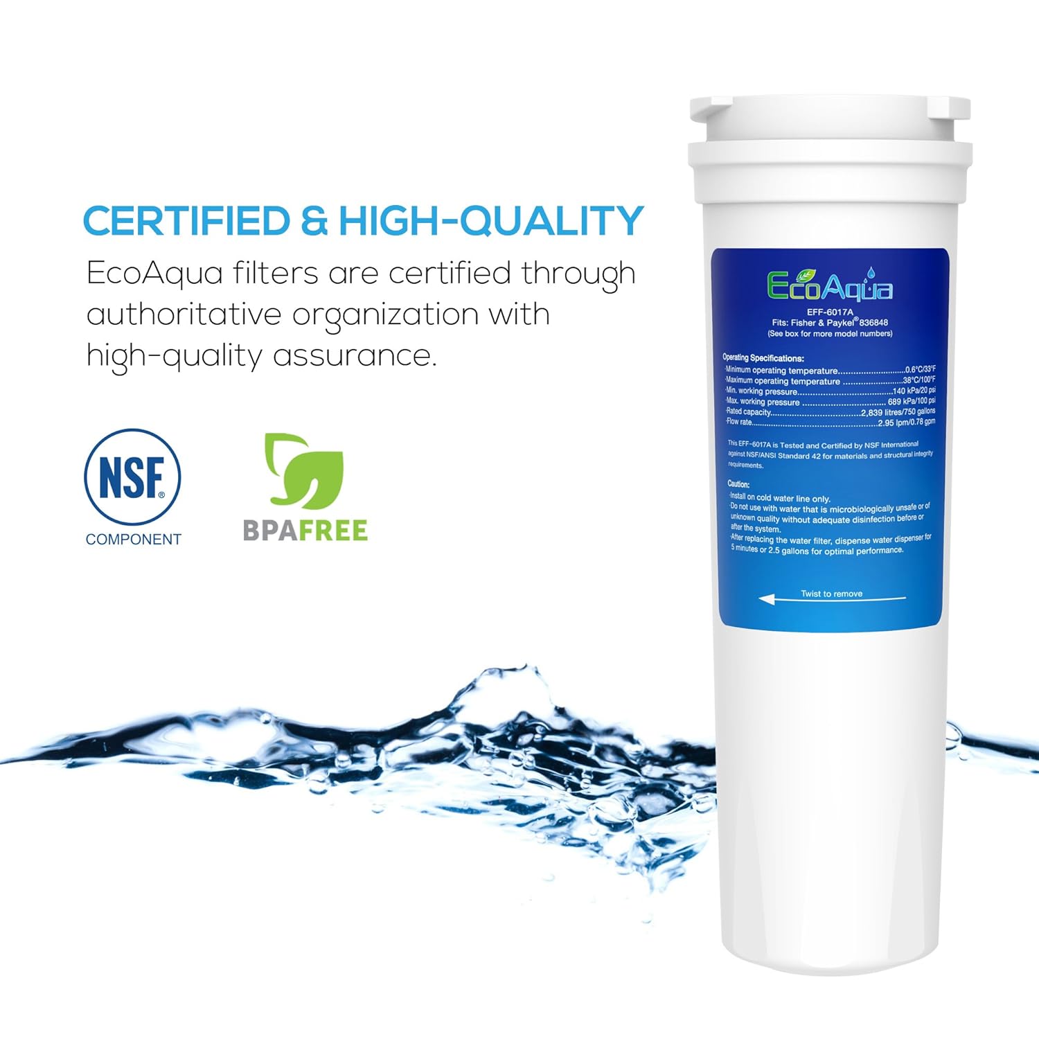 EcoAqua EFF-6017A - Filtro de repuesto para Fisher Paykel 836848 ...