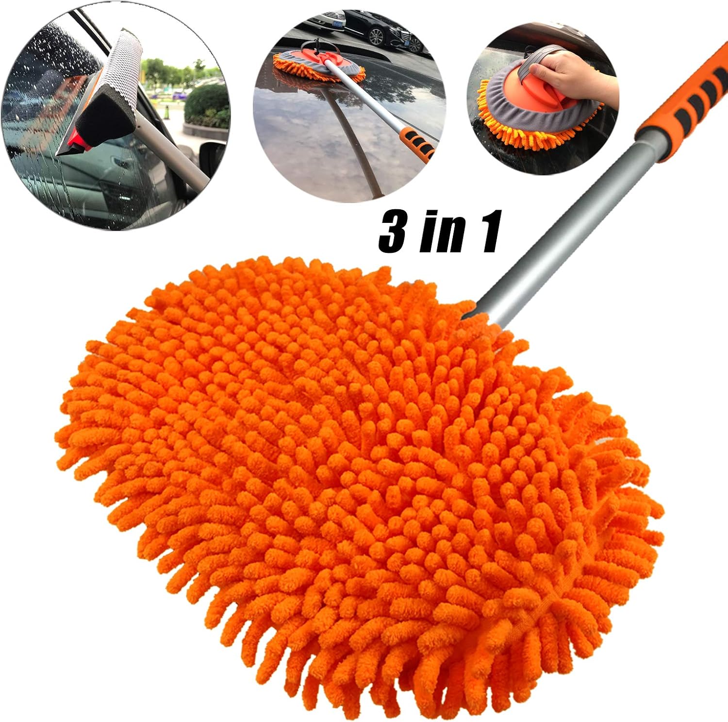 AgiiMan Car Wash Brush with Long Handle - 3 in 1 Car Cleaning Mop, Chenille Microfiber Mitt Set, Adjustable Length 24in-43in Glass Scrabber Vehicle Cleaner Kit: Automotive