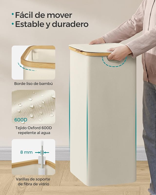 Cesto de roupa com tampa, Cesto Grande de Roupa, 90 L, Forro de Rede Removível, Tecido Oxford, Cabos de Bambu, Dobrável, 42 x 32 x 70,5 cm, Branco Creme LCB509W01