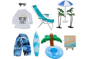 I-BEEBOO Christmas Elf Beach Clothes Accessories Sets, 9Pcs Doll Kit Include Swim Ring Chair Surboard Sunglasses for Christmas Decoration
