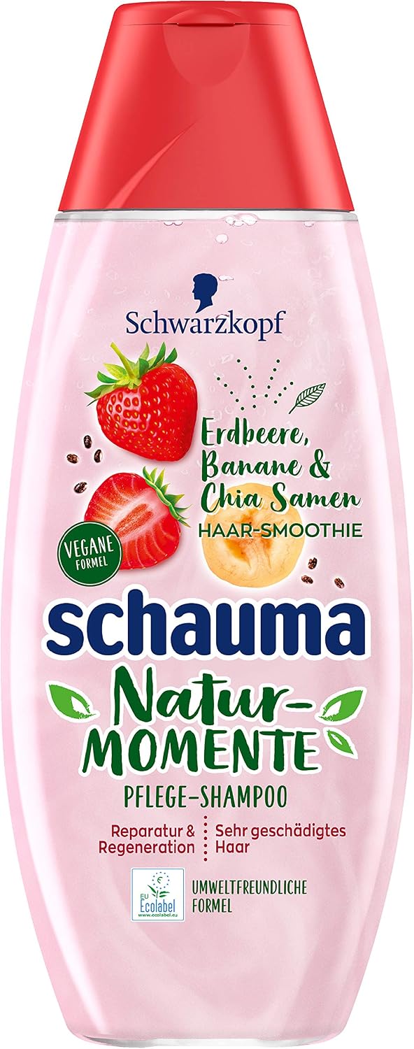 Schauma Nutri Glanz Shampoo Mit Erdbeere – 400 Ml, Vegan, Silikonfrei, Für Stark Geschädigtes Haar, Mit Erdbeer-Extrakt & Mandelmilch