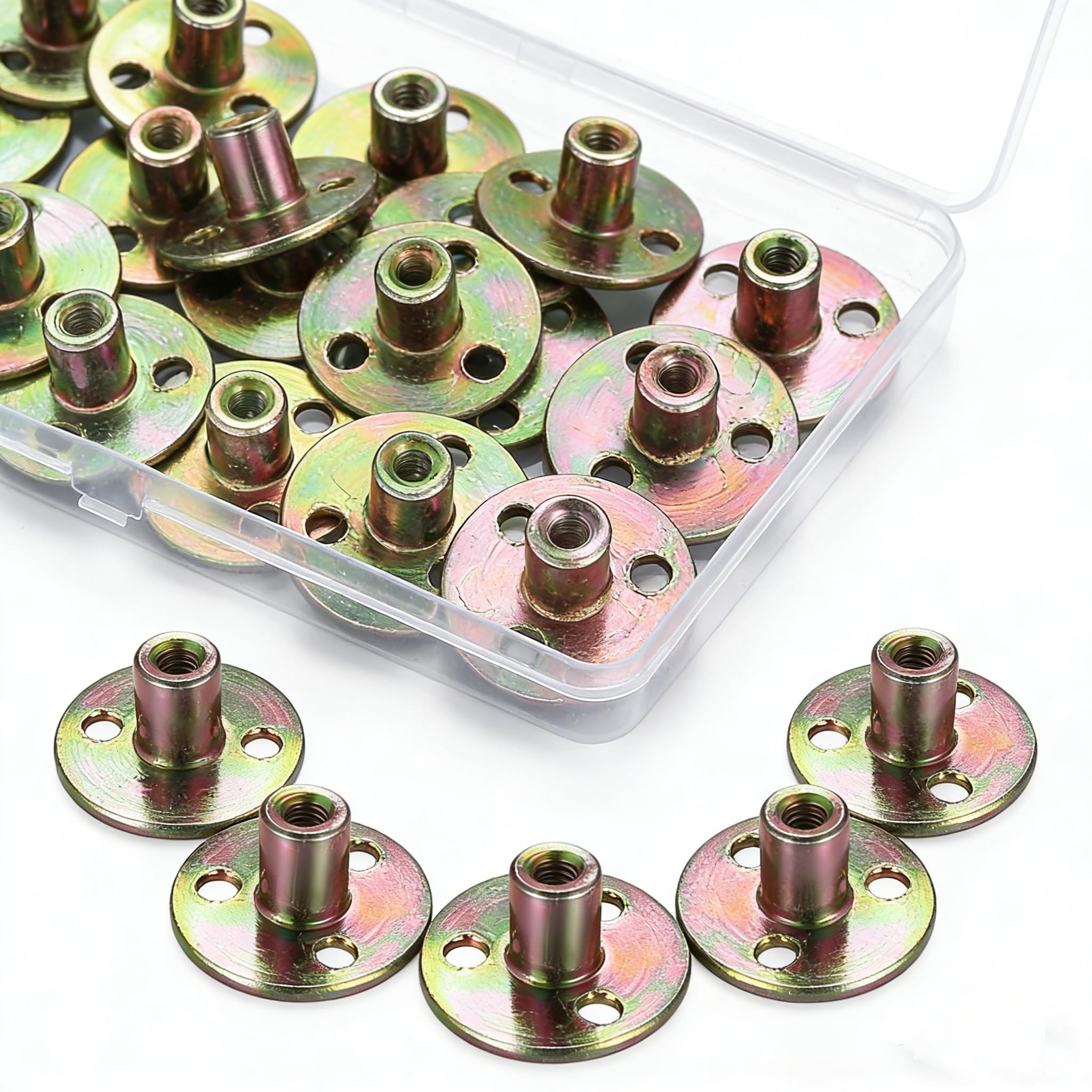 16 Pcs M6 Brad Hole Tee Nuts, Brad Hole T Nut, Zinc Plated Round Base Flange Nuts, Female Thread Screw-in T-Nuts with Screws Furniture Hardware for Fixing Connection Furniture