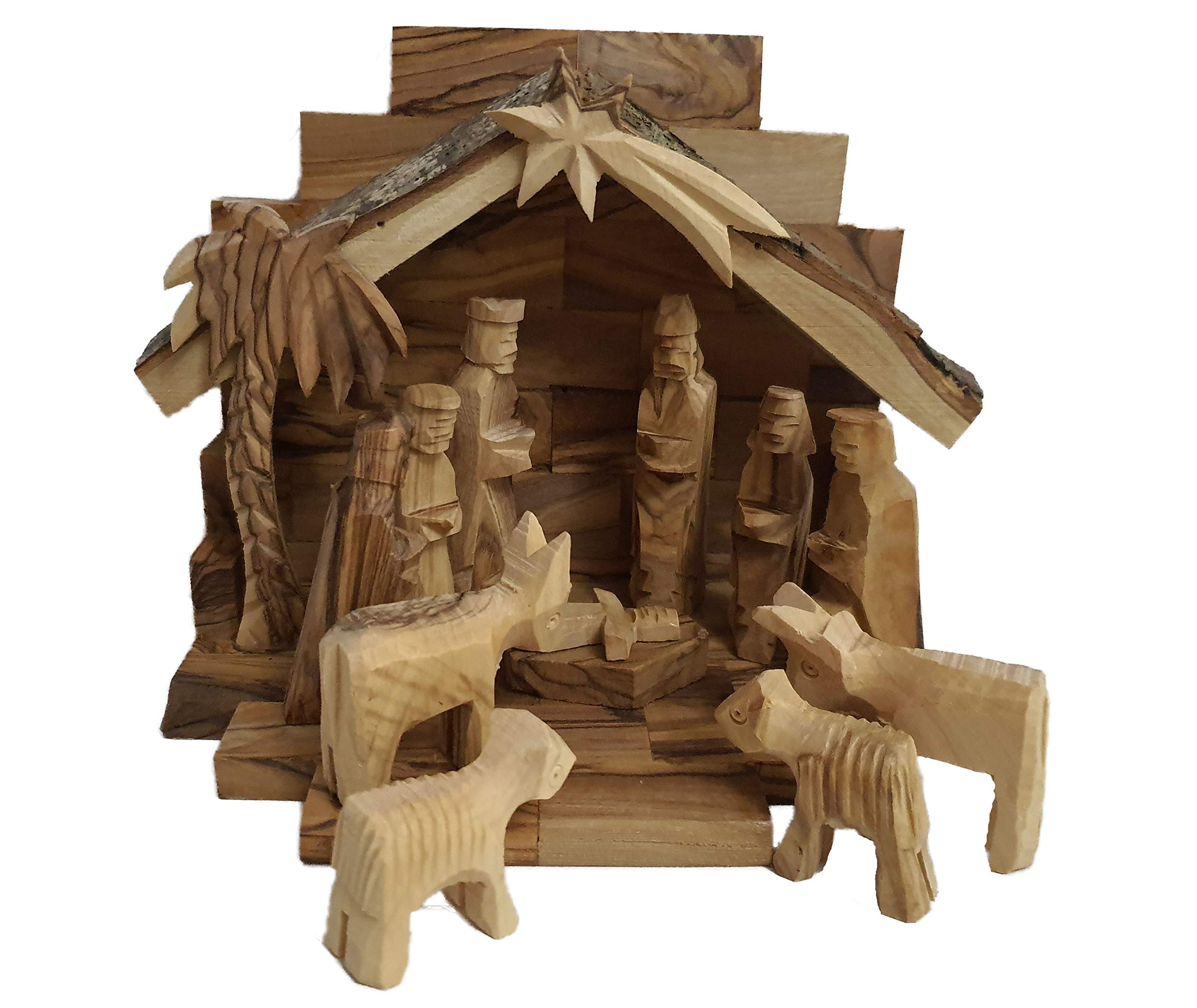Handcarved Bethlehem Olive Wood Miniature Nativity Scene Set with Stable 12 Pieces by (4.5" Stable and 2.75" Figurines)