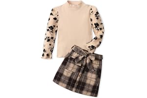 Sislerew Toddler Girl Clothes Girls Outfits Flare-lace Sleeve Top and Plaid Skirt Dress Fall Winter 2Pcs Girls Clothes 5-12T