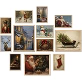 Christmas Wall Art Set of 12, Holiday Posters with Santa Claus, Snowman, Reindeer, Nutcracker, Christmas Tree, Vintage Christmas Decorations for Home Living Room Bedroom (Christmas Poster Set)