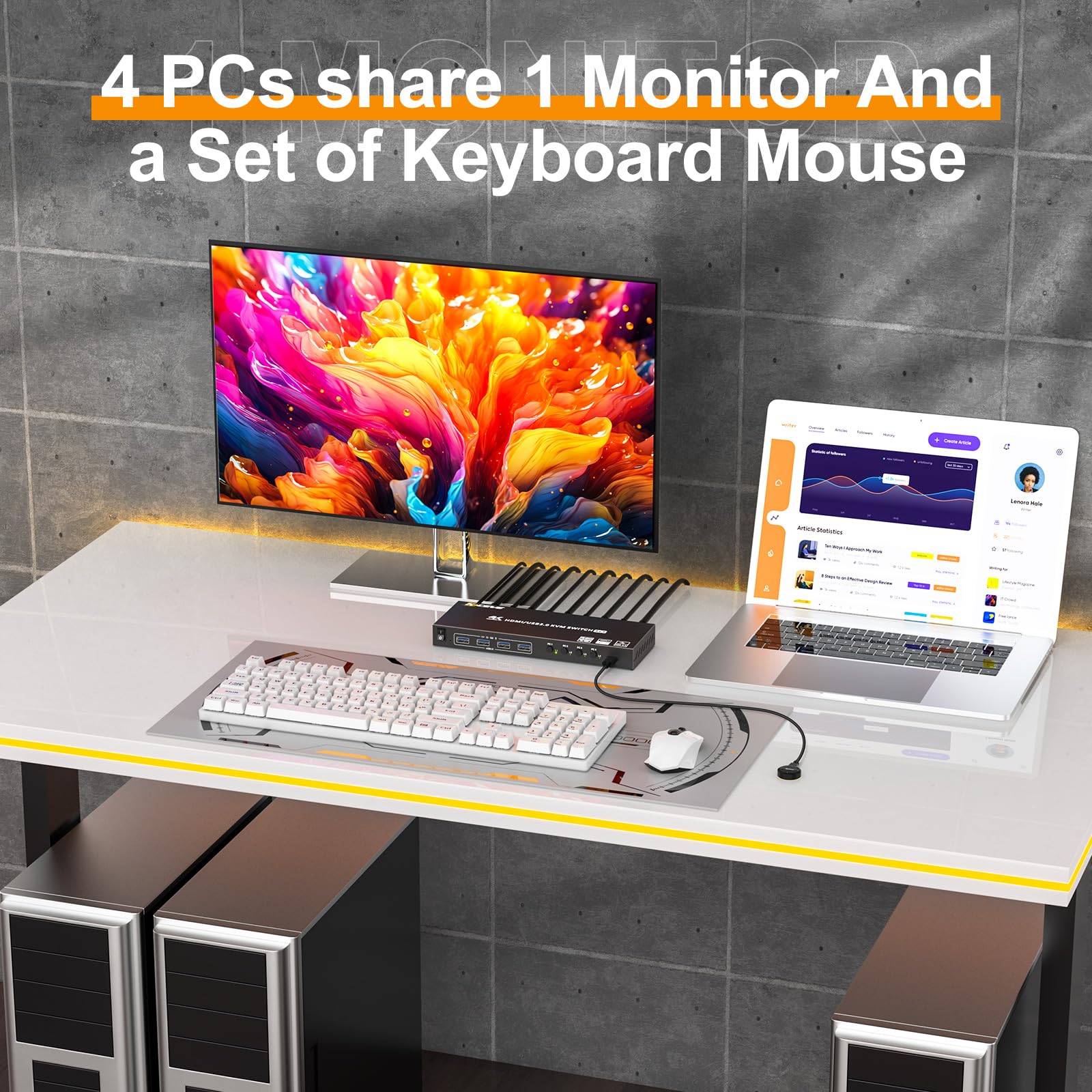 4 Port HDMI KVM Switch 4K@60Hz EDID-Simulation,KVM-Switches 4 PC 1 Monitor mit 4 USB 3.0 Ports für Tastatur Maus,Drucker,Verkabelte Fernbedienung, 12V Netzadapter und 4 USB3.0 Kabel Enthalten 2