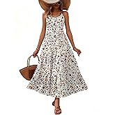 Zeagoo Women's Crewneck Floral Maxi Dress Boho Floral Printed Adjustable Spaghetti Strap Beach Long Dress with Pockets