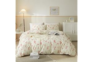 EAVD Garden Style Pink Floral Duvet Cover Full/Queen Soft 100% Cotton White Pink Floral Bedding Set with 2 Pillowcases Chic Shabby Botanical Floral Pattern Comforter Set with Zipper Closure