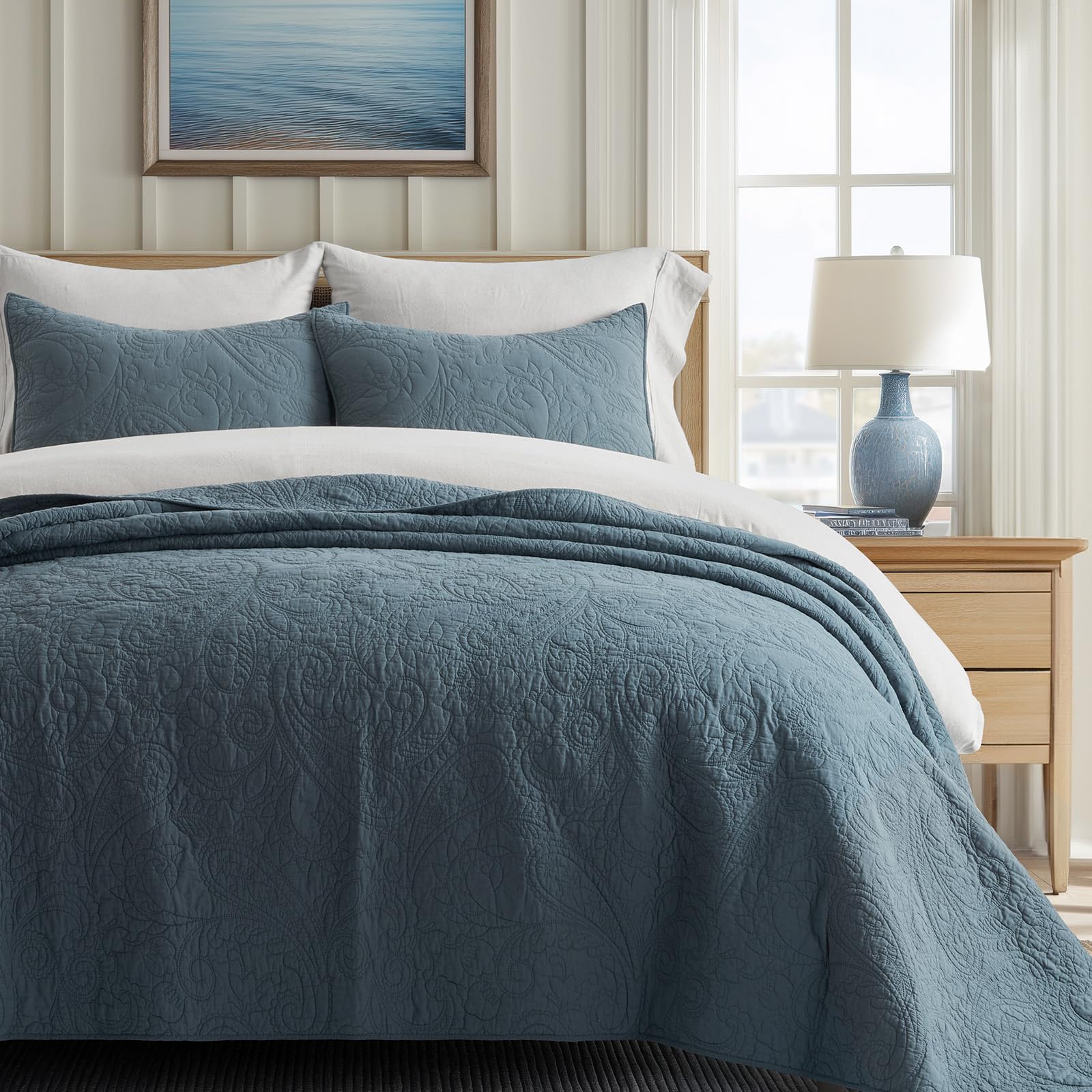 Photo 1 of EVERGRACE 100% Cotton Paisley Quilt Set, King Size 3 Piece Set – Prewashed Lightweight Bedspread with 2 Shams, Soft & Breathable Matelasse Coverlet for All-Season Comfort, Stormy Blue