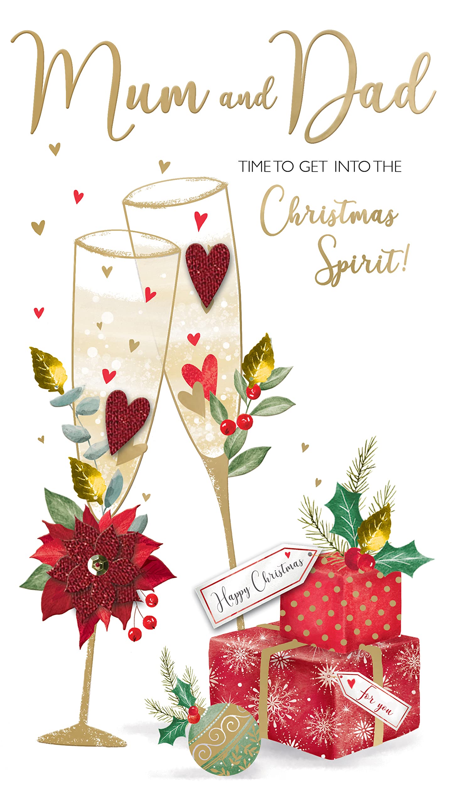Mum & Dad Xmas Spirit Embellished Christmas Card Hand-Finished Champagne Cards XCDC392